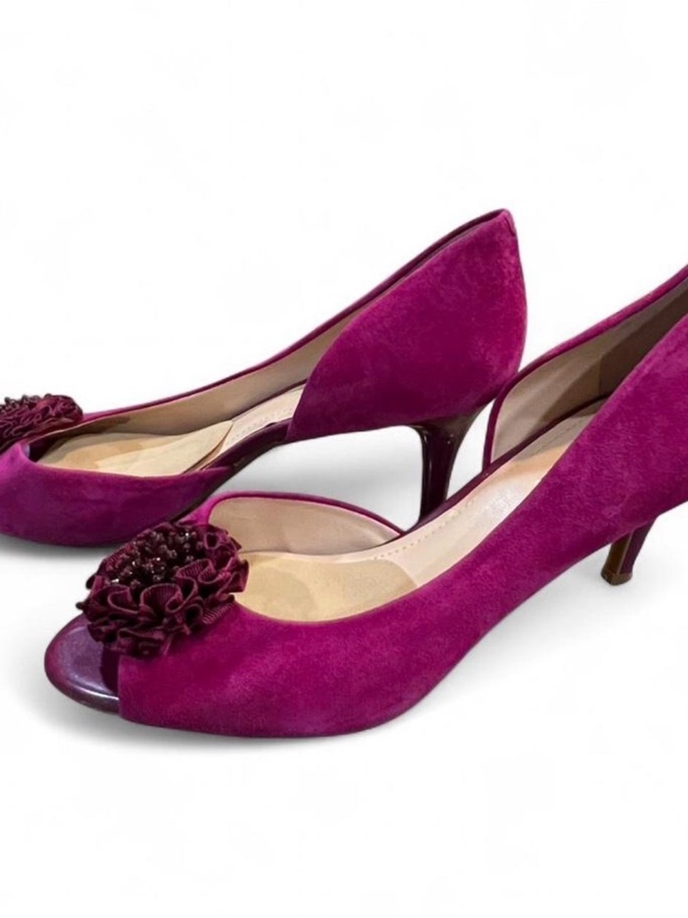 Women's Pink Magenta Suede Peep-Toe Heels with Floral Accent